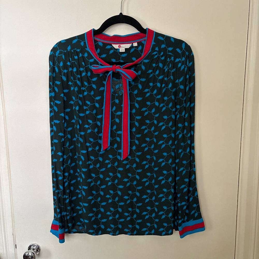 Boden Size 6 Tie Neck Blouse Green Turquoise Red